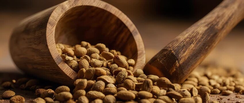 A warm macro slow motion shot of golden fenugreek seeds sliding off a wooden scoop. Represents wholesome, earthy flavors and traditional cooking.