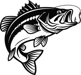 Black and white illustration of a largemouth bass fish, aquatic wildlife, freshwater fishing, nature art, detailed fish design