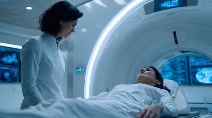 Doctor attends to patient in futuristic medical scanning device.