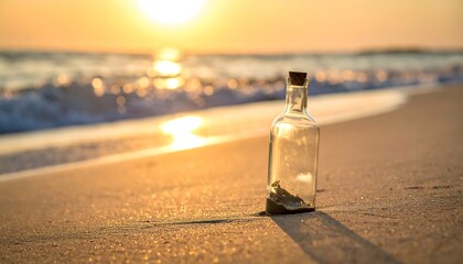 A transparent glass bottle with a cork stopper rests on a sandy beach. The sun sets, casting a golden glow on the water