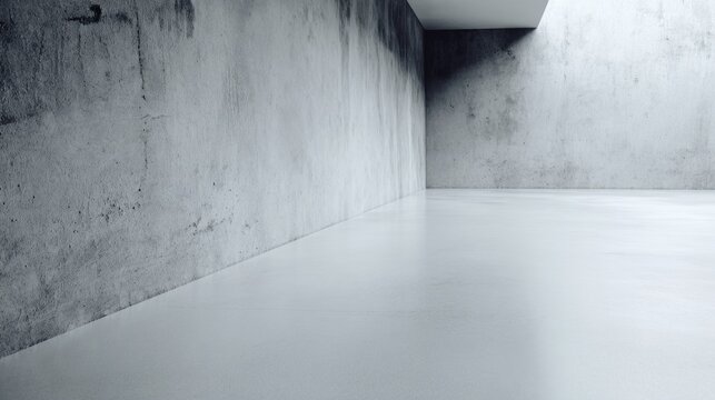 Minimalist concrete interior with smooth floors, textured walls, and neutral tones.
