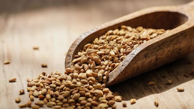 A warm macro slow motion shot of golden fenugreek seeds sliding off a wooden scoop. Represents wholesome, earthy flavors and traditional cooking.