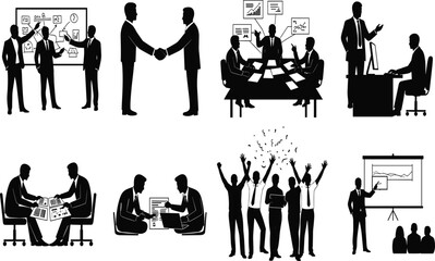 Business teamwork, office meeting, corporate success, handshake deal, presentation, brainstorming, professional collaboration, workplace celebration, management training, growth strategy