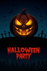 Scary jack o lantern glowing in a spooky halloween night cemetery