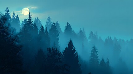 Full moon shines through misty evergreen forest at night.