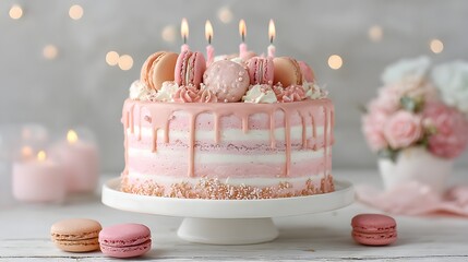 Pink drip cake with macarons, candles, and flowers offers celebration.