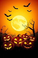 Spooky halloween scene with glowing jack o lanterns and bats against a full moon