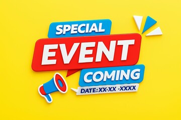 Bright and energetic special event announcement with a megaphone and confetti on a vibrant yellow background