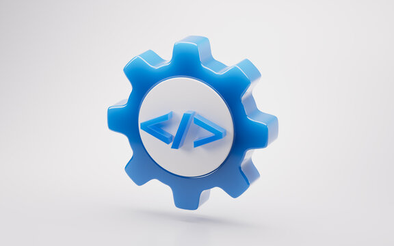Mechanical gear and technology code icon, 3d rendering.