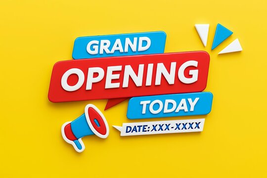 Bright and bold grand opening today announcement with megaphone and confetti on yellow background