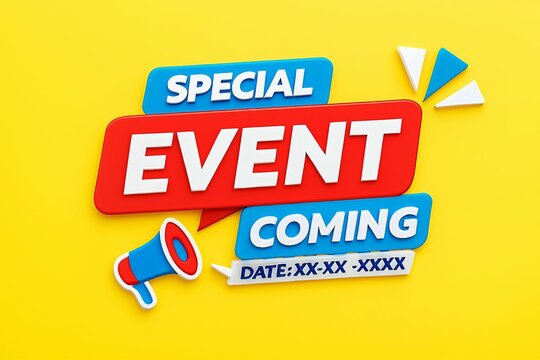 Bright and energetic special event announcement with a megaphone and confetti on a vibrant yellow background - Powered by Adobe