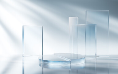 Transparent blue glass geometries background, 3d rendering.