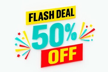 Flash deal fifty percent off discount sale promotion with colorful confetti bursting