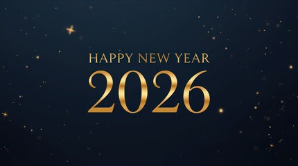 Happy new year greeting card with golden text and sparkles on a dark blue background for the year two thousand twenty six