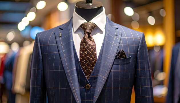 A tailored, three-piece suit with a patterned tie and pocket square on a mannequin in a retail store. The background is blurred