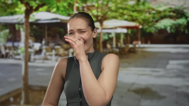 Young caucasian woman laughs with hand covering mouth on sunlit outdoor restaurant terrace; carefree joy laughter delight.