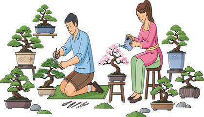 Couple caring for bonsai trees in peaceful garden, man trimming branches and woman watering plants, relaxing hobby nature concept illustration