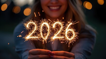 Smiling woman holding sparklers forming the year twenty twenty six in a celebratory mood outdoors