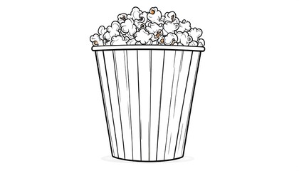 A vertical illustration featuring a full container of popped popcorn. The striped container is open