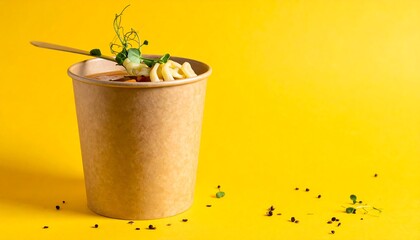 A takeaway cup brimming with a creamy soup and noodles, garnished with fresh sprouts, sits against a vibrant yellow backdrop