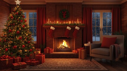A christmas tree and presents in a cozy living room with a fireplace and red curtains at christmas time
