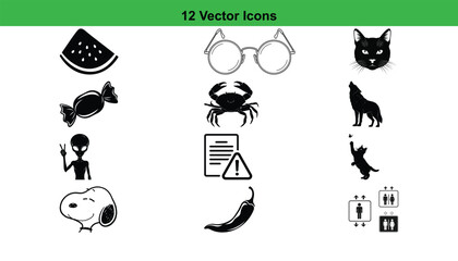 A collection of 12 distinct silhouette vector icons, each isolated on a clean white background, showcasing various objects and creatures in a striking black silhouette style.
