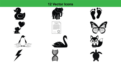 A collection of 12 distinct vector icons presented in a silhouette style, all isolated on a clean white background.