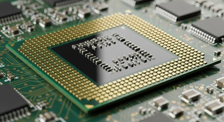 Close-up of a computer processor chip on a circuit board with gold contacts.