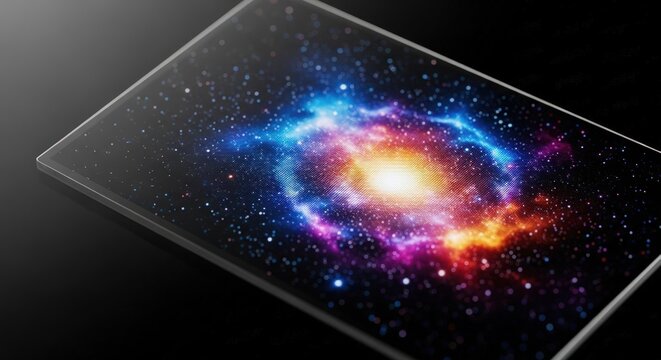 Close-up shot of a vibrant galaxy image on a tablet screen against a dark background with cinematic