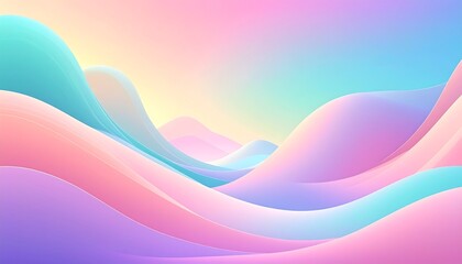A vibrant, abstract composition featuring flowing, layered shapes in pastel hues that resemble rolling hills, set against a soft gradient sky