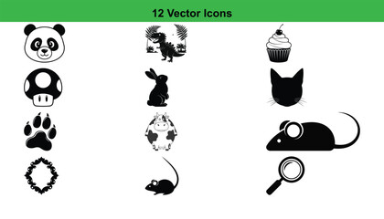 A collection of twelve distinct vector icons presented in a silhouette style, all isolated on a clean white background.