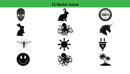 A grid of 12 distinct black vector icons, showcasing a variety of subjects in a clear silhouette style on a plain white background.