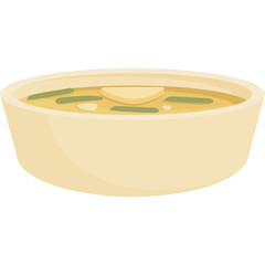A bowl of creamy yellow soup with green vegetables and a slice of potato garnish in a light beige bowl with a transparent background