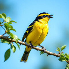 Vibrant yellow bird perched on branch, singing joyfully