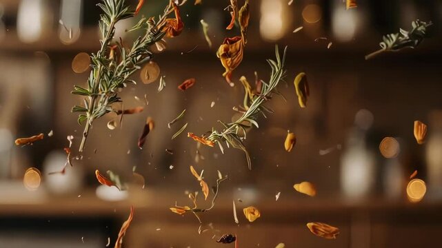 Mixed dried herbs like rosemary, thyme, and oregano is sprinkled in slow motion. A warm, rustic concept for home cooking and seasoning blends.