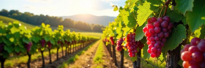 Naklejka premium Sun-Ripened Grapes Hanging Heavy on the Vine A Picturesque Vineyard Harvest