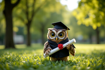 Graduation owl wearing cap and holding diploma in park