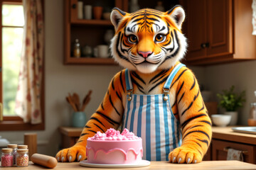 Cheerful tiger character in kitchen, preparing pink cake