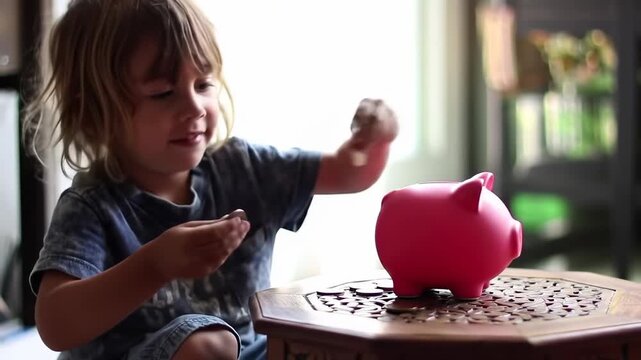 A young child smiles while holding a coin, ready to put it into a pink piggy bank on a table