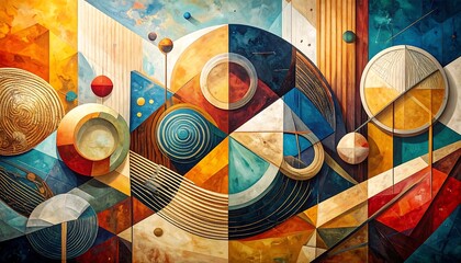 A vibrant abstract composition featuring geometric shapes, gradients, and intricate details in a rich color palette. Playful and dynamic