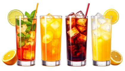  Set of four refreshing summer drinks in glass cups, isolated on transparent background 