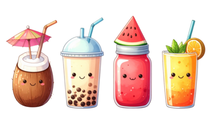  Bundle of four colorful cartoon drinks in fun summer style, isolated on transparent background 