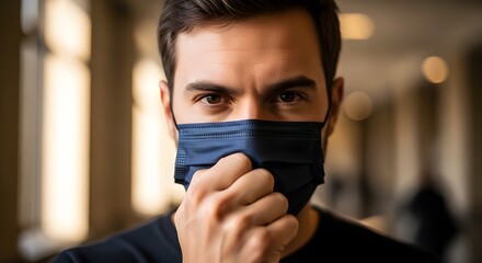 A close-up image of a man wearing a dark blue face mask, holding the mask with his right hand near his chin. He has dark hair and is looking directly at the camera. The background is blurred, suggesti