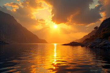 Breathtaking sunset over tranquil water, reflecting vibrant colors