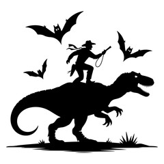Adventurer riding a dinosaur silhouette with bats flying around in a prehistoric landscape