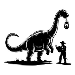 Silhouette of a Brontosaurus dinosaur holding a lantern in its mouth next to a cowboy