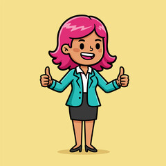 A cartoon illustration of a smiling businesswoman with bright pink hair, wearing a teal blazer and giving a double thumbs-up sign.
