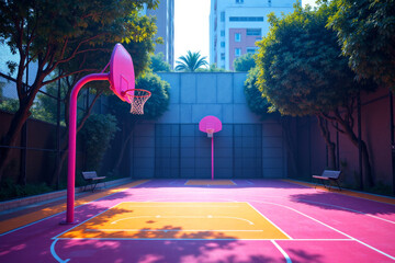 Vibrant basketball court surrounded by trees and buildings