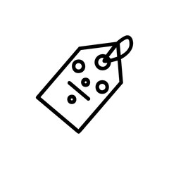 Vector art of simple black and white outline icon of a price tag or label with a percentage symbol and circles