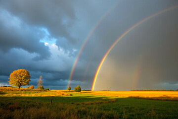 Stunning landscape featuring vibrant double rainbow over golden